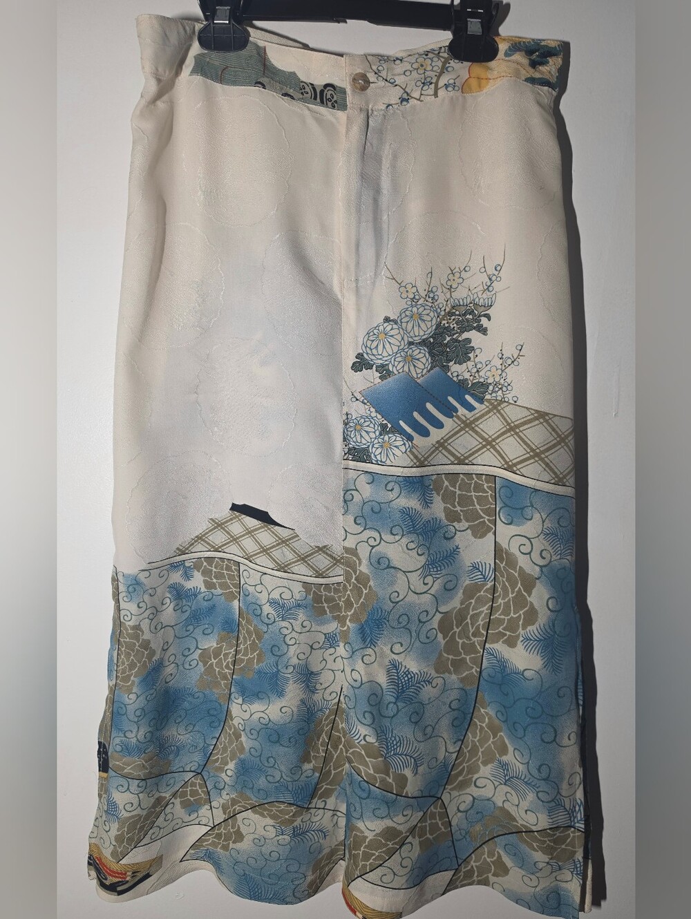 Citron 100% Silk Cream Maxi Skirt with Blue and Tan Scenic Print